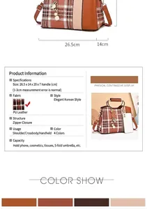 Detailed view of plaid tote bag dimensions and brown PU leather material specifications