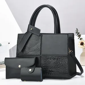 Women Fashion Tote Bag Handbag And Small Purse Crocodile Pattern Patchwork PU Leather Large Capacity Shoulder Bag Casual Bag