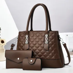 3-piece dark brown quilted tote bag set with matching clutch and coin purse