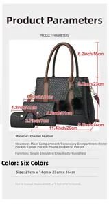 Three-piece black crocodile embossed tote bag set with dimensions and inner structure