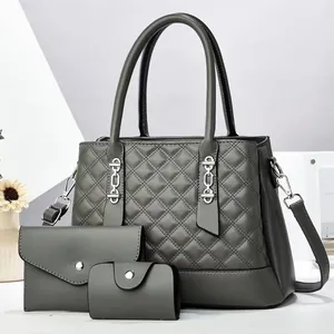 Three-piece dark grey quilted handbag set with rhombus pattern and silver hardware
