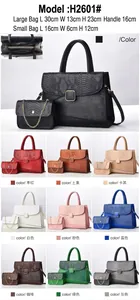 Detalle del conjunto de bolso con textura de cocodrilo con medidas y diez colores