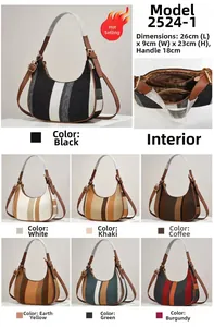 Detail view of woven fabric hobo bag showing dimensions 26x9x23cm and multiple colors