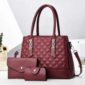 Three-piece set of burgundy quilted lattice tote bag, wallet and pouch with silver chain