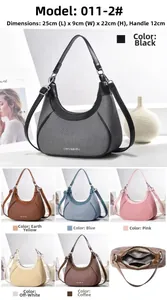 Detail view of crescent canvas crossbody bag in six colors with interior layout