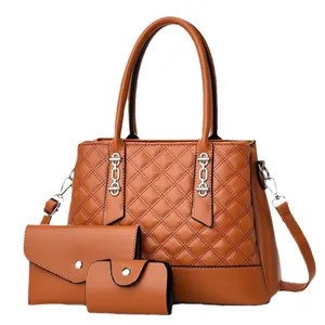 Quilted 3-piece bag set with tan tote, shoulder bag and coin purse in luxury PU leather