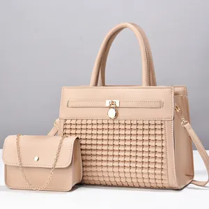 Ensemble sac à main deux pièces pour femme avec texture tissée et pochette beige