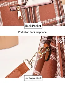 Detail of rear anti-theft zipper pocket and gold-plated metal hardware on plaid tote bag