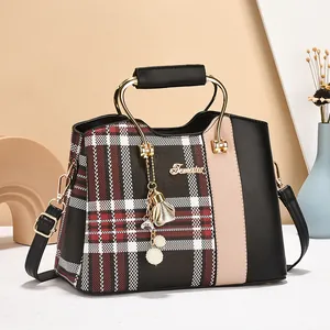 Women Plaid PU Leather Handbag Color Block Patchwork Shoulder Crossbody Bag With Metal Handle Artificial Pearl Tassel Charm For Daily Office