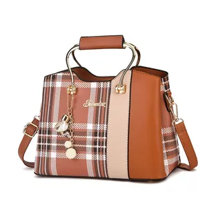 Plaid patchwork large handbag with gold ring handle and pearl floral charm for women