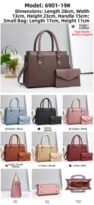 Detailansicht der Vintage-Handtasche im Set und Clutch mit Größenangaben und Farbauswahl