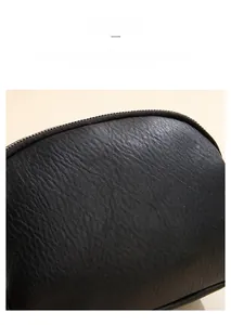 Close-up of black lychee grain PU leather texture and premium zipper detail on small round bag