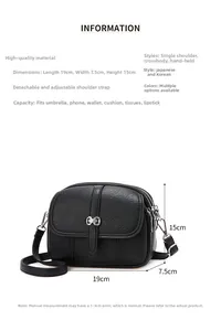 Detailed dimension chart for black pebble leather crossbody bag with product specifications