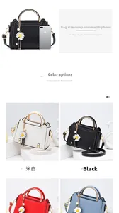 Compact PU leather handbag size comparison with phone showing four elegant colors
