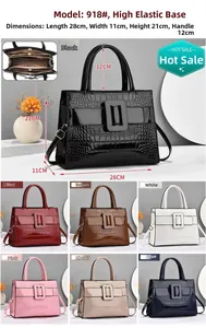 Detail view of seven colors of crocodile pattern bags with dimensions 28x11x21cm