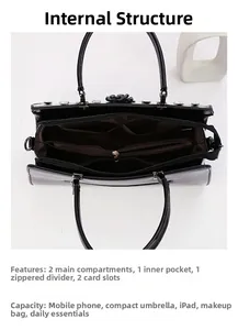 Top view of shiny black patent leather tote bag with five spacious inner compartments