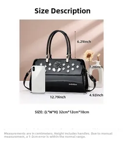Size chart showing large black patent leather handbag with diamond floral decor