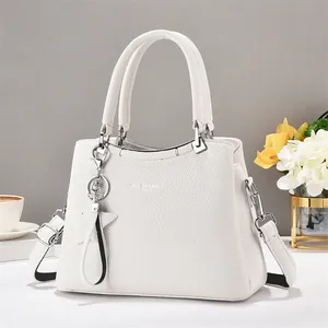 White lychee leather tote bag with double handles and detachable strap for women