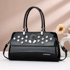 Women Elegant Rhinestone Rose Handbag Glossy Patent Leather Crossbody Bag Large Capacity Shoulder Purse Handbag For Mother