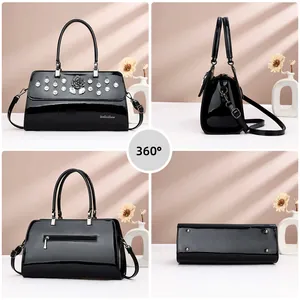 Elegant black patent leather handbag with diamond floral decor in 360-degree multi-angle view