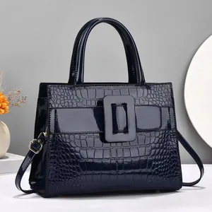 Women Patent Leather Handbag Crocodile Pattern Square Buckle Tote Shoulder Crossbody Bag Fashion Casual Top Handle Bag