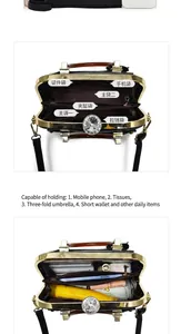 Detail view of the interior compartments and storage capacity of this shell handbag