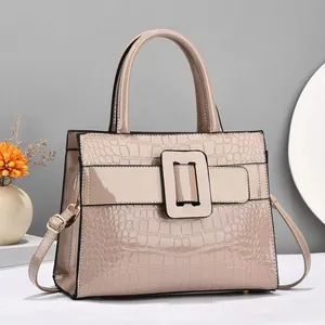 Glossy crocodile pattern beige tote bag with square buckle and adjustable strap