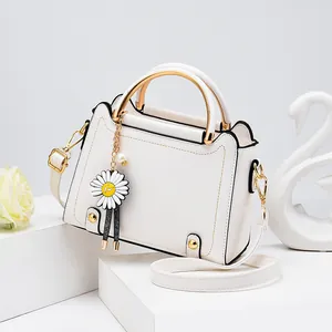 Women Fashion PU Leather Small Square Bag With Daisy Charm Contrast Stitching Metal Handle Crossbody Shoulder Handbag