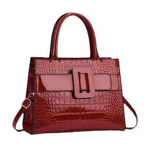 Polished wine red crocodile embossed leather handbag with stylish square buckle and strap