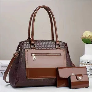 Brown crocodile texture 3-piece handbag set with tote bag and matching wallet purses