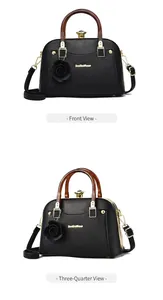 Front and side view of black lychee texture shell bag with amber resin handles