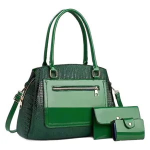 Deep green 3-piece handbag set with crocodile pattern texture and glossy patent leather