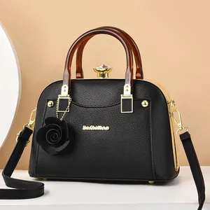 Women Elegant Shell Bag PU Leather Handbag With Amber Resin Handle Rose Pendant Rhinestone Lock Fashion Crossbody Shoulder Bag