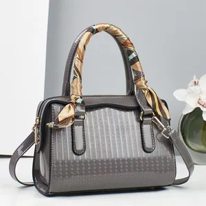 Gray embossed patent leather handbag for women with silk scarf and gold hardware