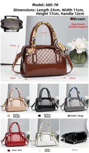 Detail view of Boston style handbag featuring embossed patterns and dimensions layout