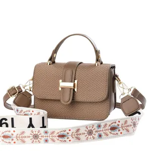 Retro brown textured small square bag with wide floral embroidered strap and gold H-buckle