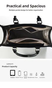 Macro view of large black tote interior showing compartments for iPad mini and phone