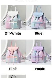 Detail view of colorful gradient backpacks in cream, blue, pink, and purple PU leather