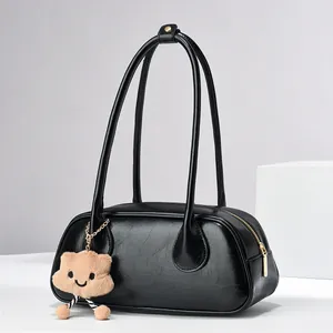 Women Vintage PU Leather Shoulder Bag Wrinkled Texture Underarm Bag With Plush Pendant Zipper Minimalist Handbag