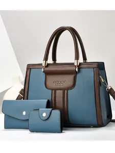 Ensemble de 3 sacs à main pour femme en cuir texturé bleu et marron avec détails dorés