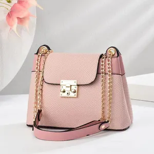 Borsa a tracolla intrecciata rosa con fibbia quadrata dorata e tracolla a catena
