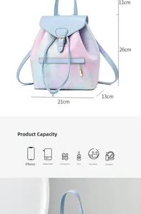 Detailed view of rainbow gradient backpack showing dimensions and storage capacity