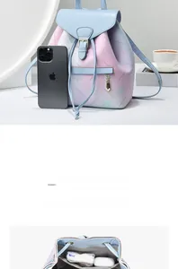 Detail of the rainbow gradient leather backpack showing its internal storage capacity