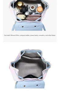 Detail view of rainbow leather backpack interior showing large storage capacity