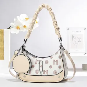 Vintage PU Leather Monogram Underarm Bag For Women Ruffled Handle Crescent Hobo Bag With Round Coin Purse Daily Fashion Shoulder Bag