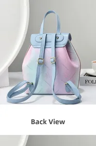 Back view of rainbow gradient leather backpack with floral print and adjustable straps