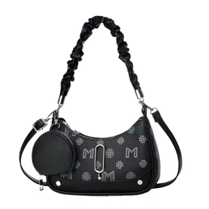 Fashionable black leather hobo bag with white letter print and detachable coin purse