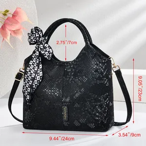 Elegante schwarze Handtasche mit Schlangenmuster, Karoschleife und abnehmbarem Gurt 24x23x9cm