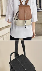 Detail of soft leather backpacks featuring metal ring charms and contrast color flaps