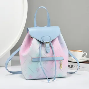 Women Gradient Macaron Color PU Leather Backpack Floral Star Print Travel Handheld Casual Fashion Small Daypack For Ladies